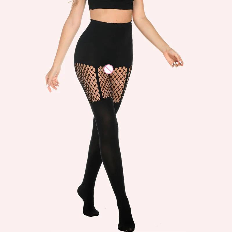 Черные полосатые готические колготки-сеточка женские сексуальные с вырезами чулки-сеточка
