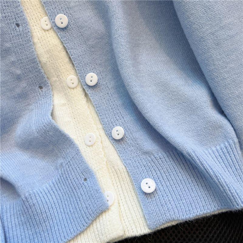 Cárdigan de punto para mujer, bloques de color, cuello redondo, manga larga, imitación de dos piezas, primavera, otoño, nuevo diseño, abrigo suave y juvenil