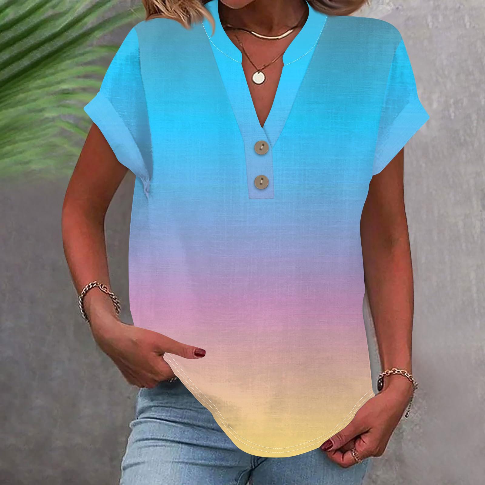 

Женская модная повседневная рубашка с v-образным вырезом и коротким рукавом с принтом, футболка на пуговицах, топ XXXL синий