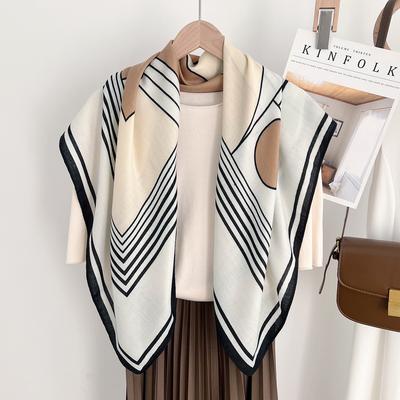 Spring And Summer Lines Cotton And Linen Feel Silk Scarf Women'S Korean Version Fashion Versatile Square Scarf With Shirt Shawl