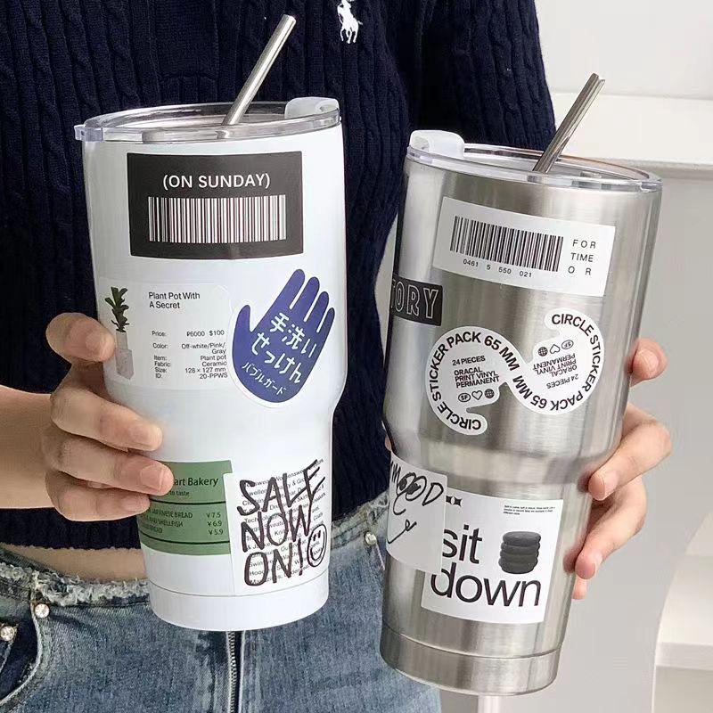 Stainless Steel Thermal Cup For Coffee Car Mug Freeze Thermos Vacuum Flask Water Bottle With Straw Keep Cold Hot Tumbler 900ml