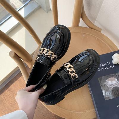 Zapatos pequeños de cuero estilo británico con plataforma de otoño para mujer, cadena metálica, tacón grueso, suela gruesa, zapatos individuales, mocasines para mujer