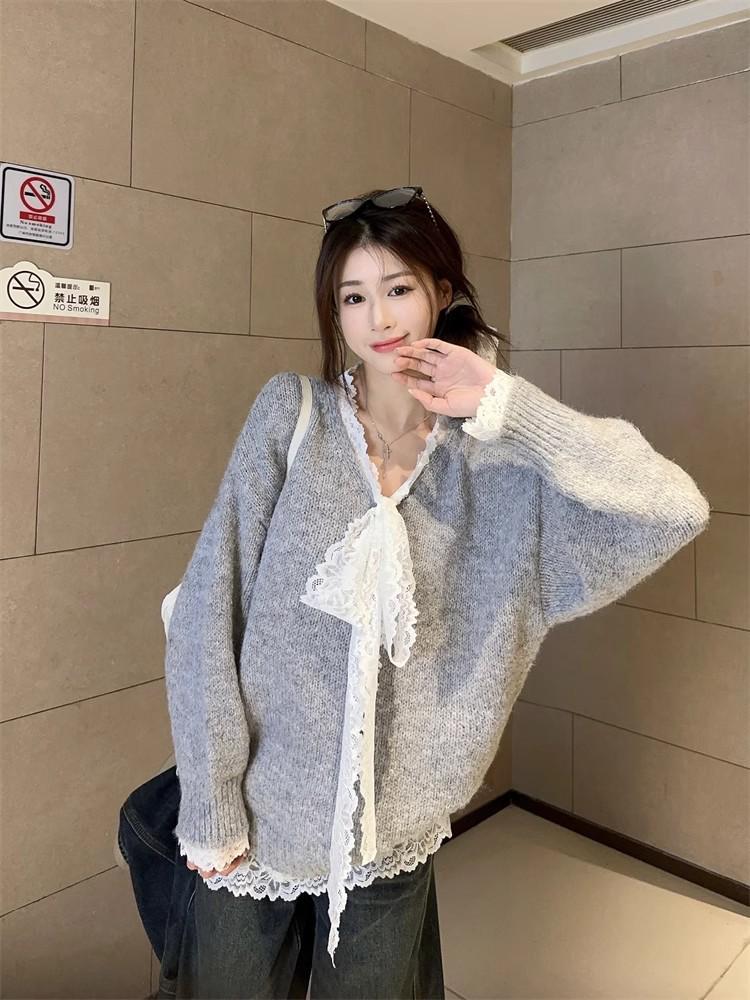 Korean Lace Bow V-Neck Long Sleeve Sweater - Autumn/Winter Design