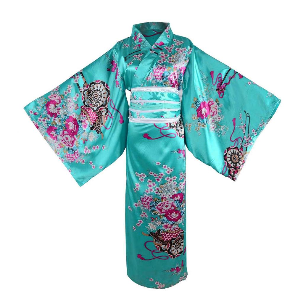 HONGFU Courtesan Long Kimono Dress Chiffon Cherry Blossom Japanese Style Yukata Costume Cosplay Costume with Obi Long Women's (Sky Kimono)