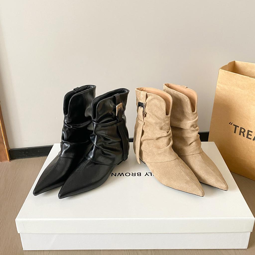 Retro Versatile Pointed Short Boots Women's New Belt Buckle Pleated Piled Boots Thick Heel Temperament Spice Girl Style Trouser Tube Boots
