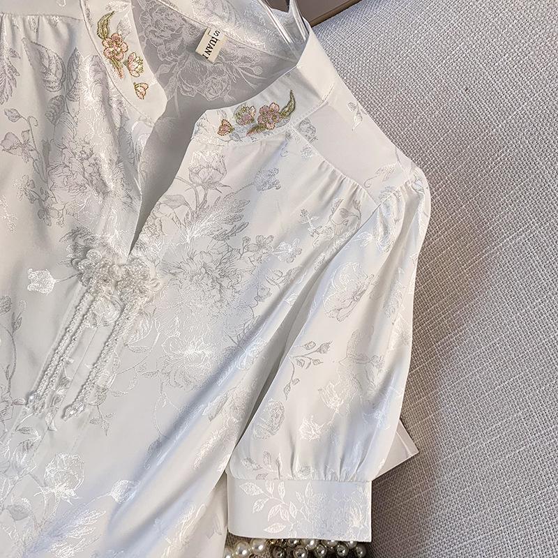 Damen 2025 Sommer Chinesischer Stil Satin Besticktes Froschknopfhemd
