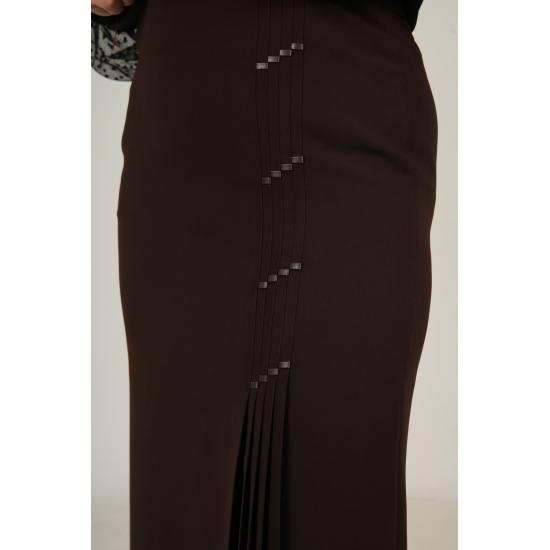 WOMEN'S Hijab Plus Size Leather Detailed Lined Pleated Crepe Mother Skirt