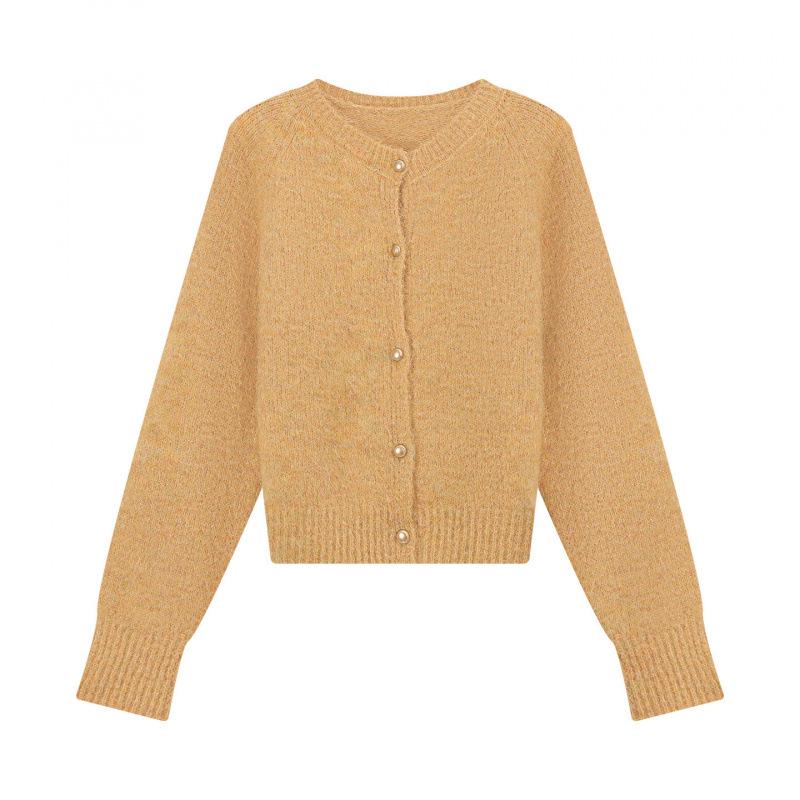 2025 Autumn/Winter Korean Style Soft & Fluffy Knit Cardigan with Gold Buckle and Round Neck for Women
