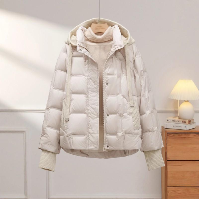 Womens Short Puffer Jacket With Hood White Duck Down Fill Ribbed Cuffs Loose Fit Winter