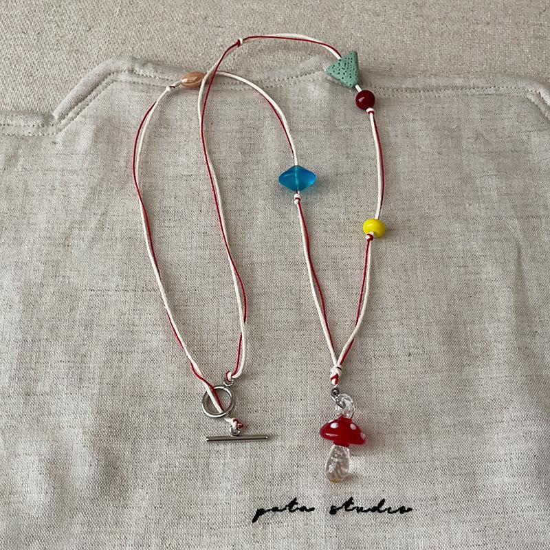 Multicolor Glazed Mushroom Apple Butterfly Pendant Necklace Women Adjustable Long Rope Sweater Chain