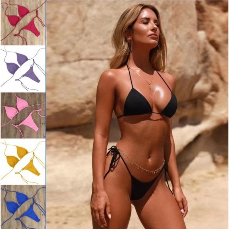 Neckholder-Bikini mit Bindeband, sexy Gürtel, BH-Polster, geteilter Badeanzug, Träger-Dreipunkt-Badeanzug für Damen