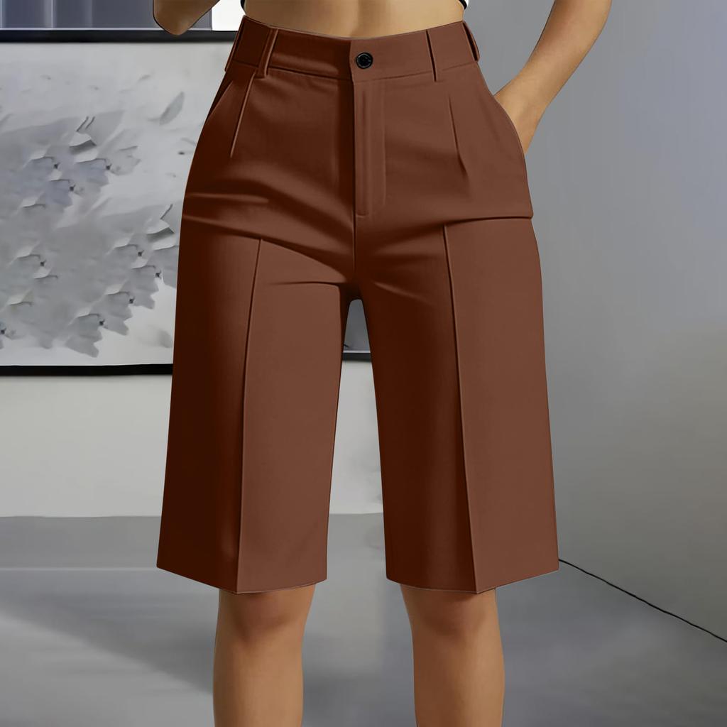 High Waist Straight Leg Bermuda Shorts for Women Casual Tailored Office Style Five Inch Length with Belt Loops and Front Pleats