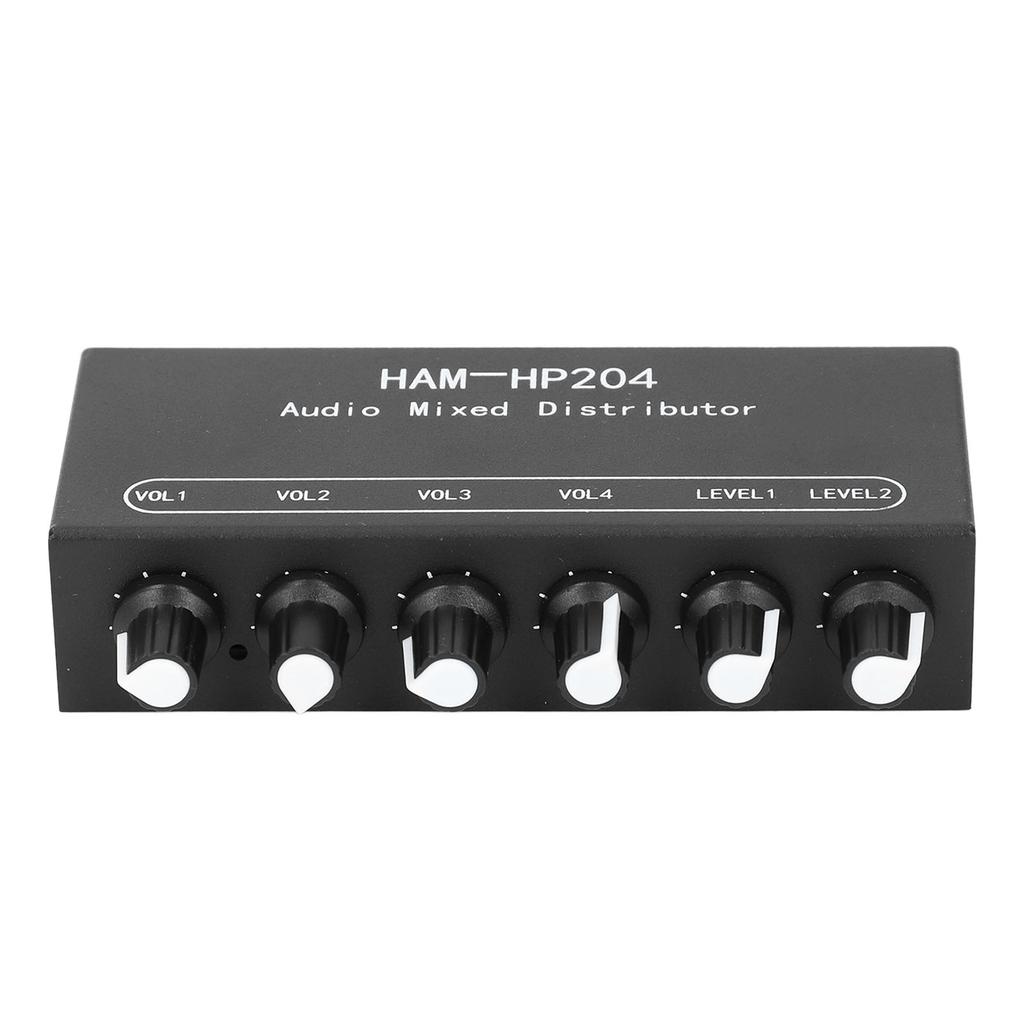 Stereo Mixer Distributor 2 In 4 Out Independent Control 5x Amplification for PC Mic Guitar Keyboard DC 5V To 19V