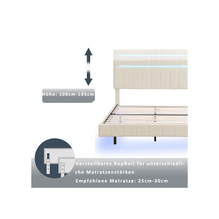 Lit - MUVOE - 140x200cm - Rembourré - LED - Design moderne avec pieds cachés