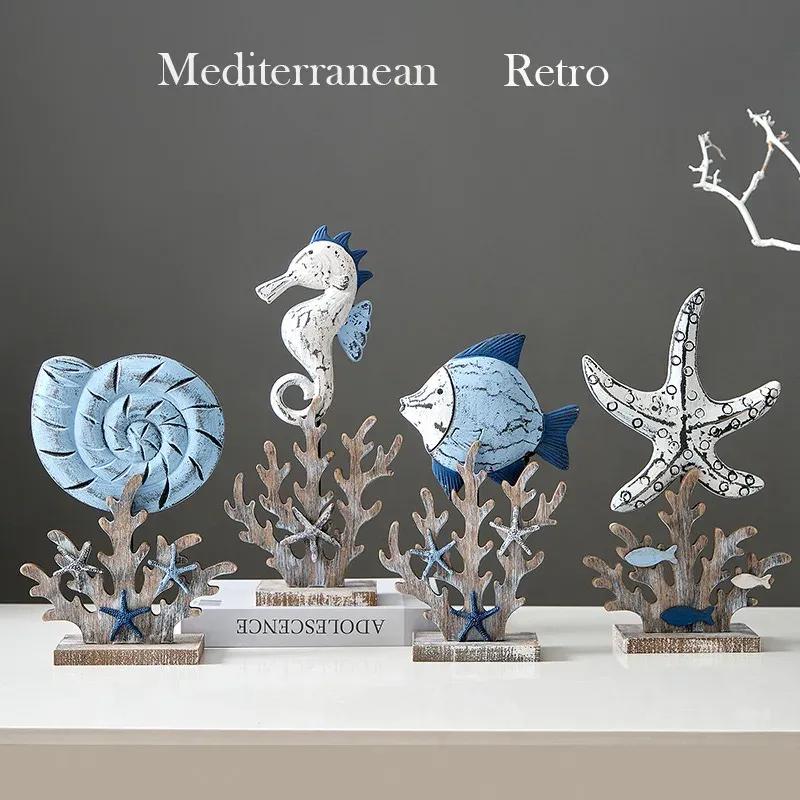 Mediterranean Wood Fish Coral Statue Shell Miniature,Ocean Animal Crafts Ornaments Living Room Children's Bedroom Decoration