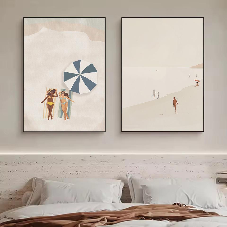 Retro Minimalist Beach Figure Swimming Surfing Poster Canvas Painting Wall Art Pictures Home Beach House Bathroom Decor