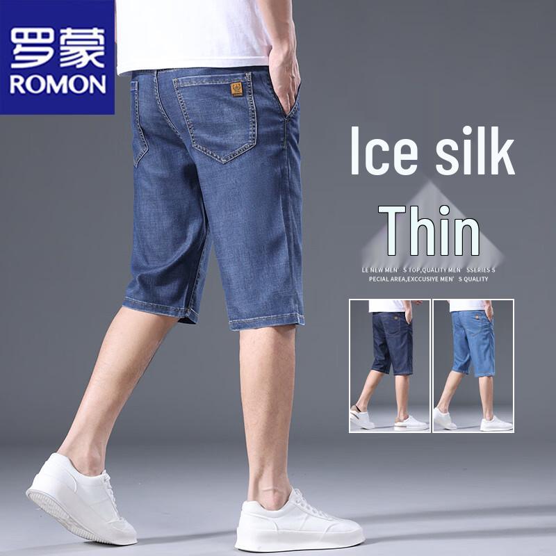 ROMON Men s Straight Fit Ice Silk Blend Denim Shorts 38