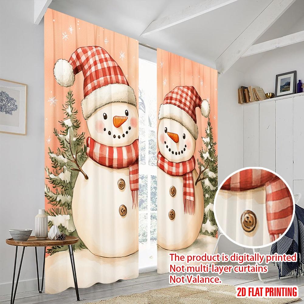 2pcs,2D Plane Printing Popular Curtain Panels Cute Snowmen Christmas Watercolor Versatile Durable Polyester (without Rod) Gifts