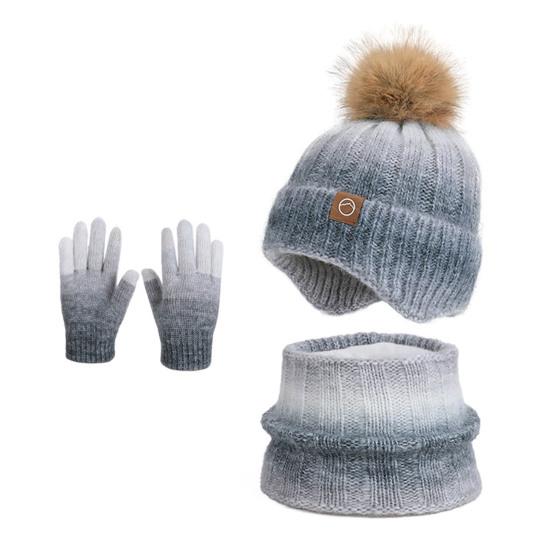 3Pcs/Set Kids Winter Knitted Scarf Gloves Set Pom Pom Ball Rainbow Color Brimless Hat Touchscreen Gloves Neck Warmer Set