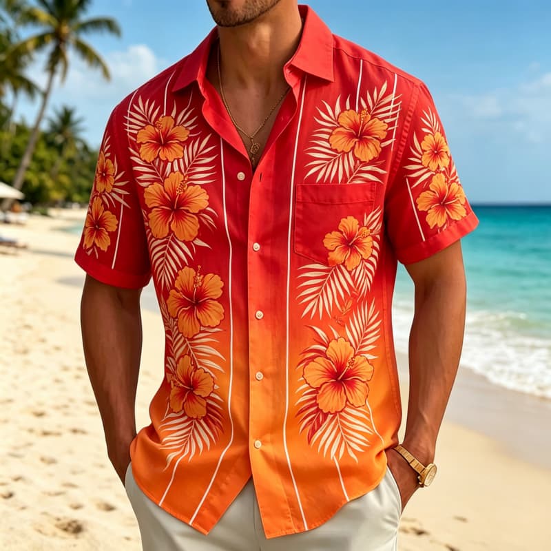 Gradient Tropical Flowers And Minimalist Printed Short Sleeved Shirt With pockets, For Summer Beach Vacations And Daily Travel