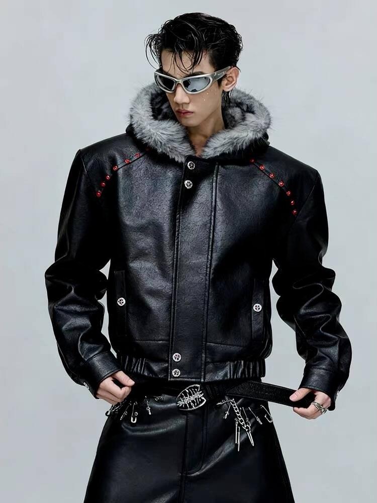 Men's Goshawk Plus Velvet Hooded Jacket - Thickened Leather, Big Fur Collar, Winter Cotton Coat