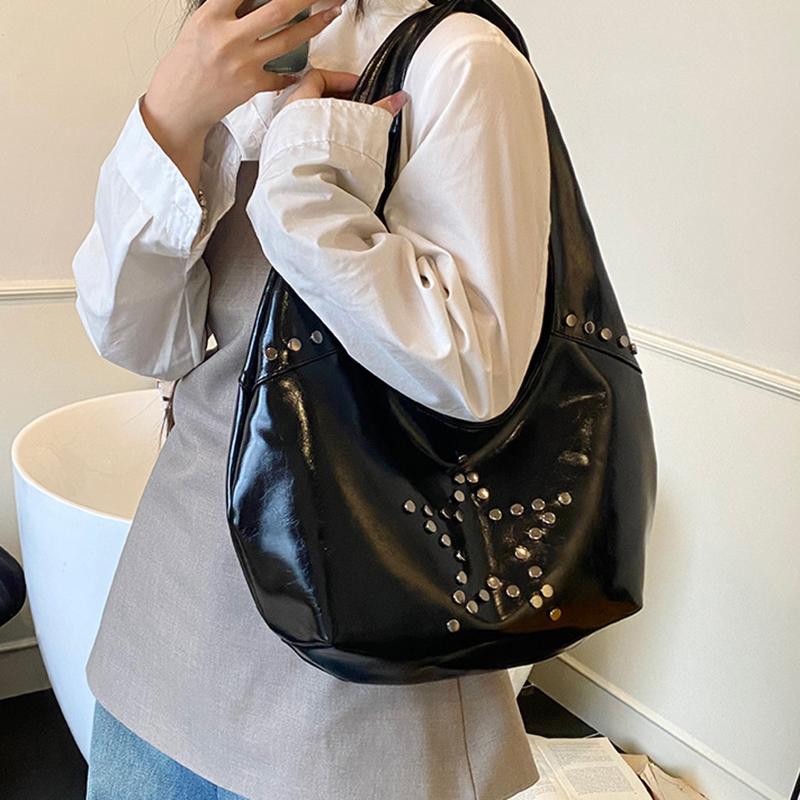 Retro Star Rivet Tote Bag Solid Pu Leather Shoulder Bag Large Capacity Female Casual Shopping Underarm Pack Lady Handbag