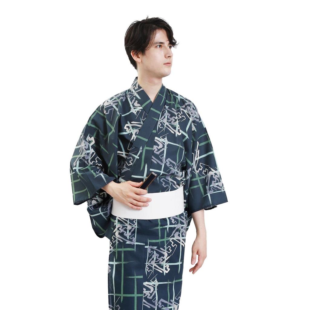 Fuuka Yukata Set Includes Waist and Geta Size Saaya Pattern Z3204CSB248 Men's (4 Pieces) - Obi, Cord, (Geta Clogs) - Small, Green, (Waist Cord/Square