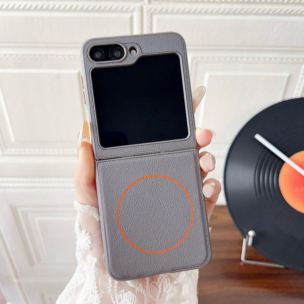 Minimalist Litchi Leather Screen Phone Case for Samsung Galaxy Z Flip 7 6 5 Fine Ring Magnetic Wireless Charge Protection Cover