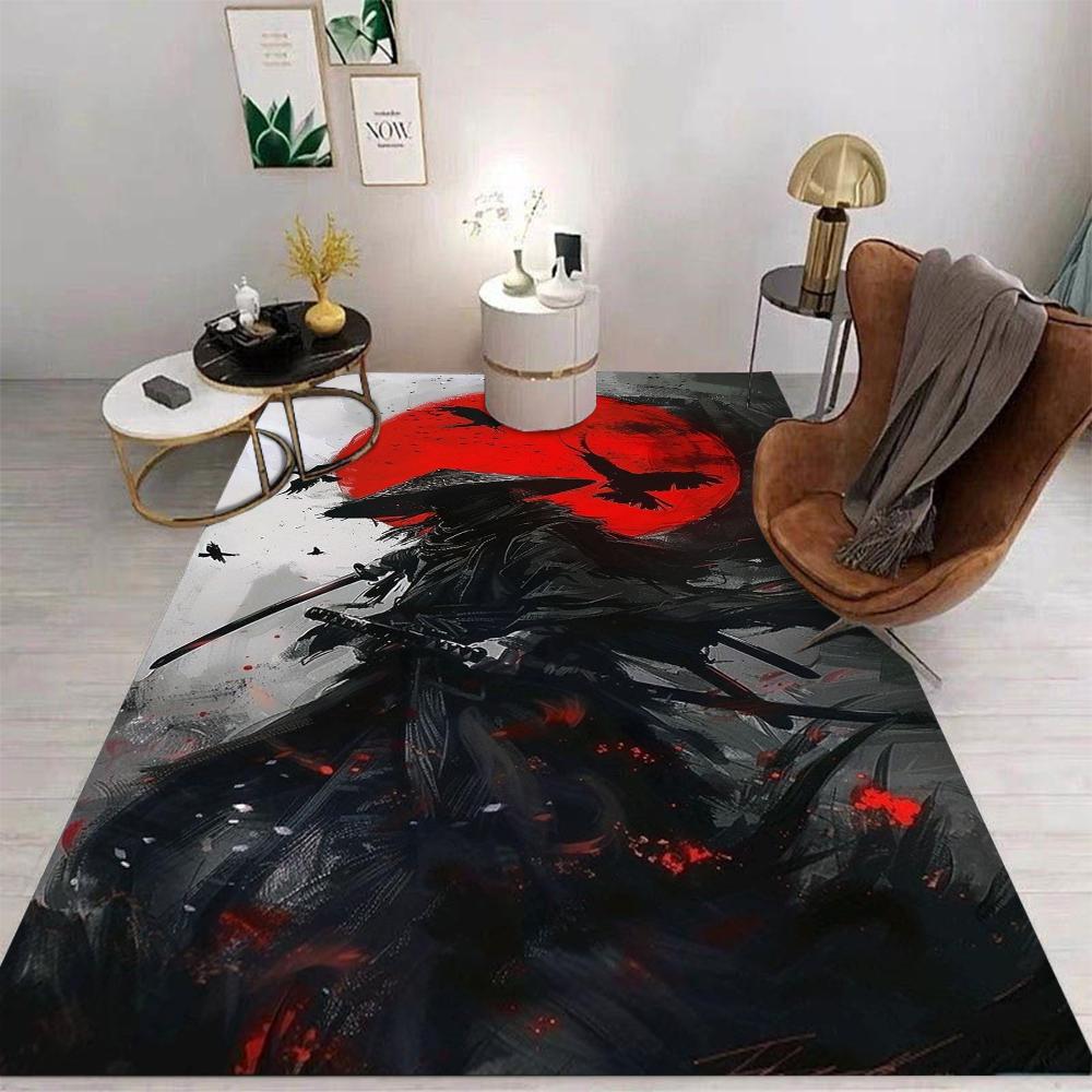 Samurai Warrior Carpet Mat Rug Red Sword Japanese Art Dark Theme Mountain Water Home Decoration Living Room Game Room Floor Mat