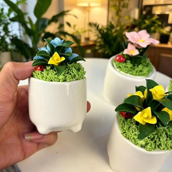 Handmade Mini Flower Figurine Artificial Ceramic Flowers in Pot for Car Dashboard Bathroom Home