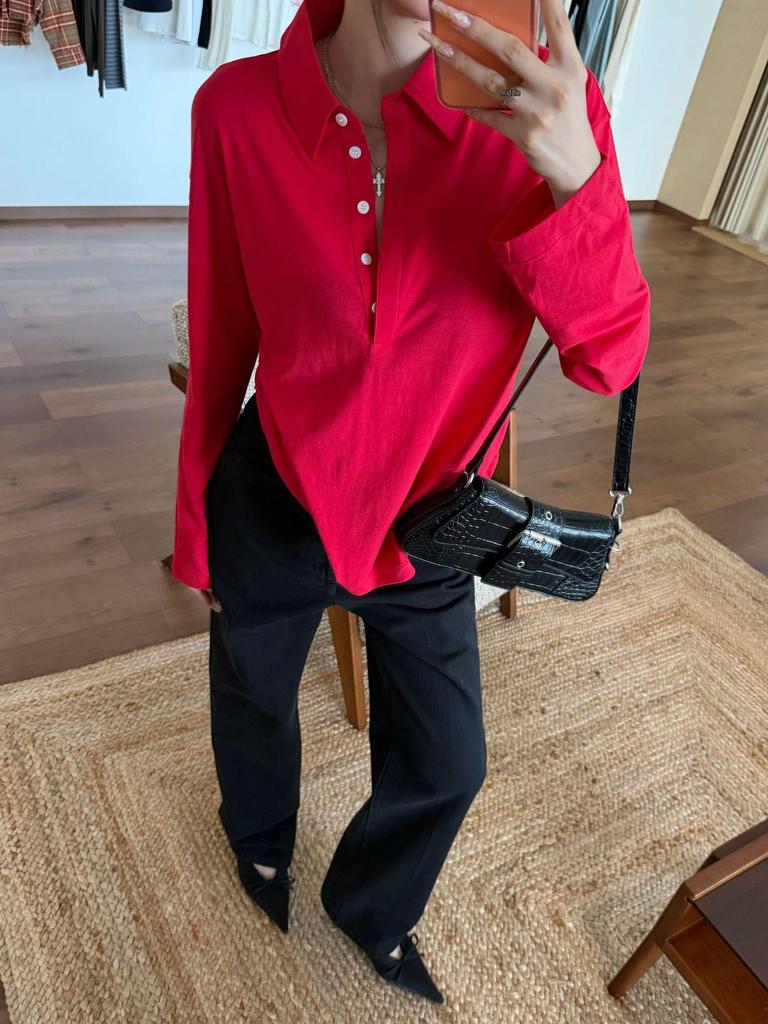 Women's Red Long Sleeve Polo Collar Casual T-Shirt by Nanyou