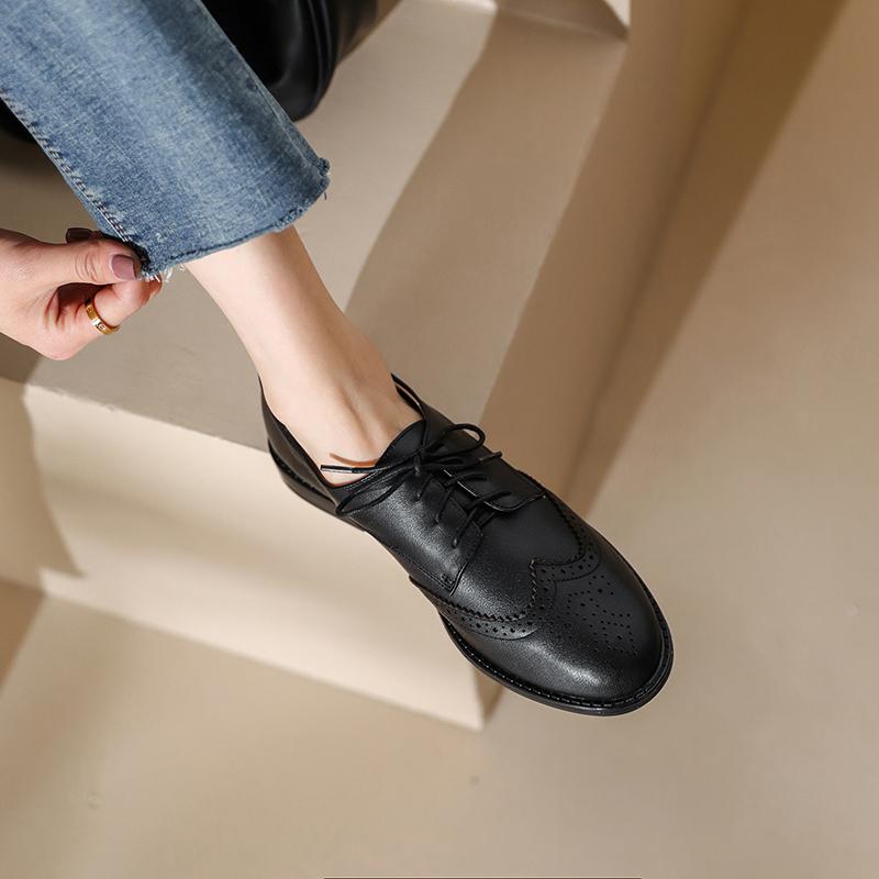 Fashion New Spring 2024 Genuine Leather Loafers Oxford Low Heel Women Shoes Retro Round Toe Pumps Block Leather Shoes Retro Ladies Shoes