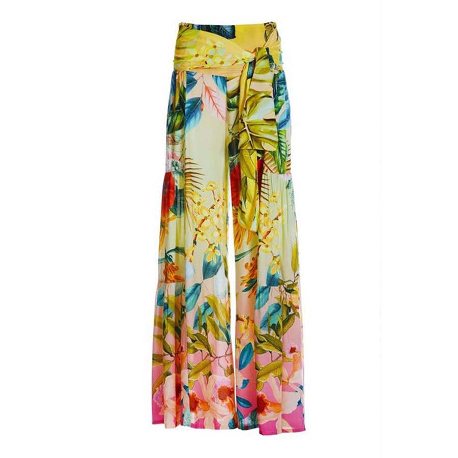 Holiday Style High-Waisted Wide-Leg Print Tie-Up Beach Pants for Women