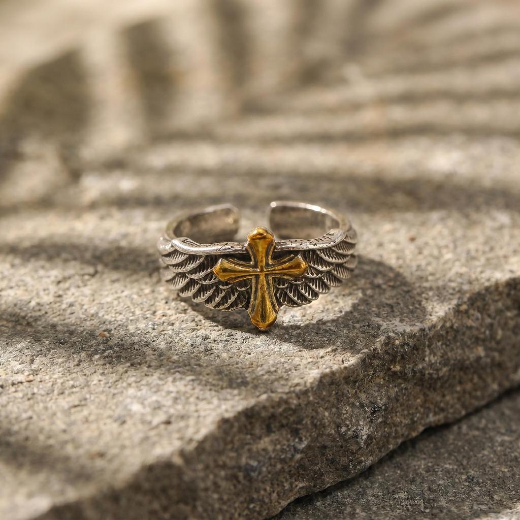 Bi-Color Embossed Feather Wing Adjustable Men's Ring
