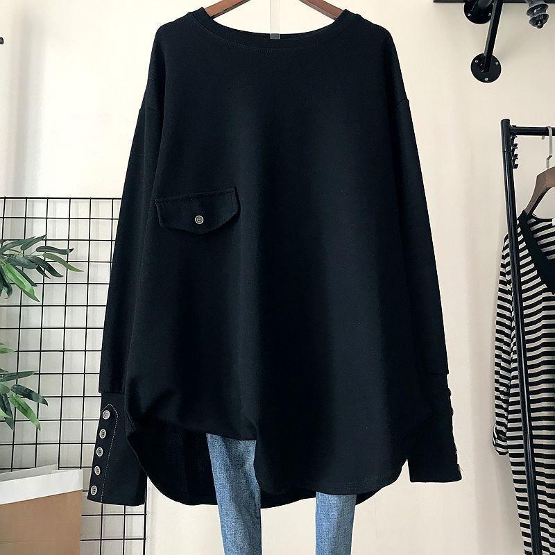 

Irregular Women s T-shirt Solid Color Round Neck Button Long Sleeved T-shirts New Trend Loose Casual Lady Pullover Top One Size чёрный