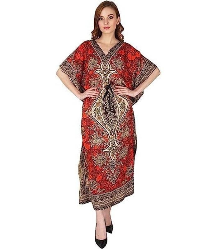 TreegoArt Fashion Women's Polyester Long Kaftan Caftan Printed Adjustable Boho Dress Nightwear Maxi Gown