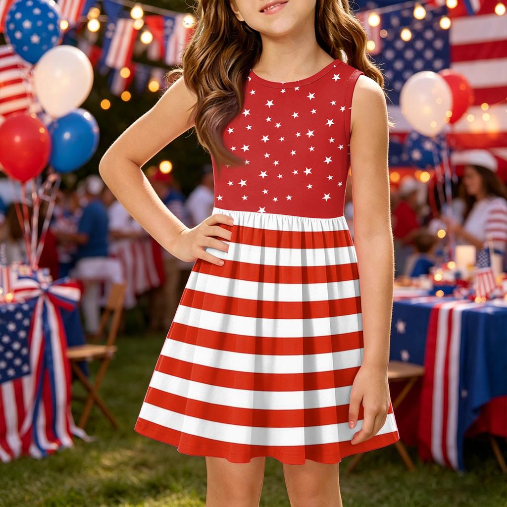 Robe Princesse d'Été pour Filles - Robe Gilet Coupe A-Line Fête de l'Indépendance