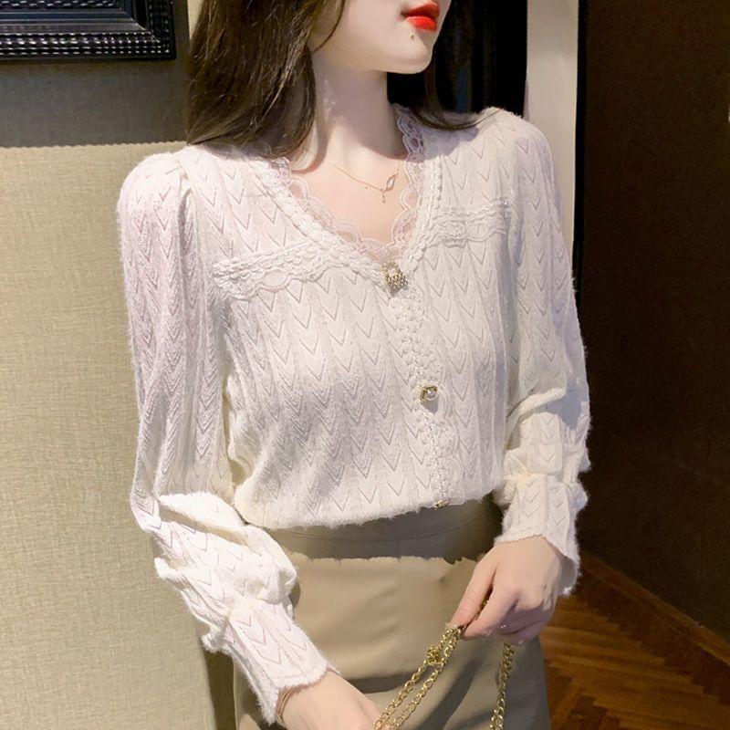 

Элегантная и универсальная блузка женская кружевная рубашка с длинными рукавами XL белый