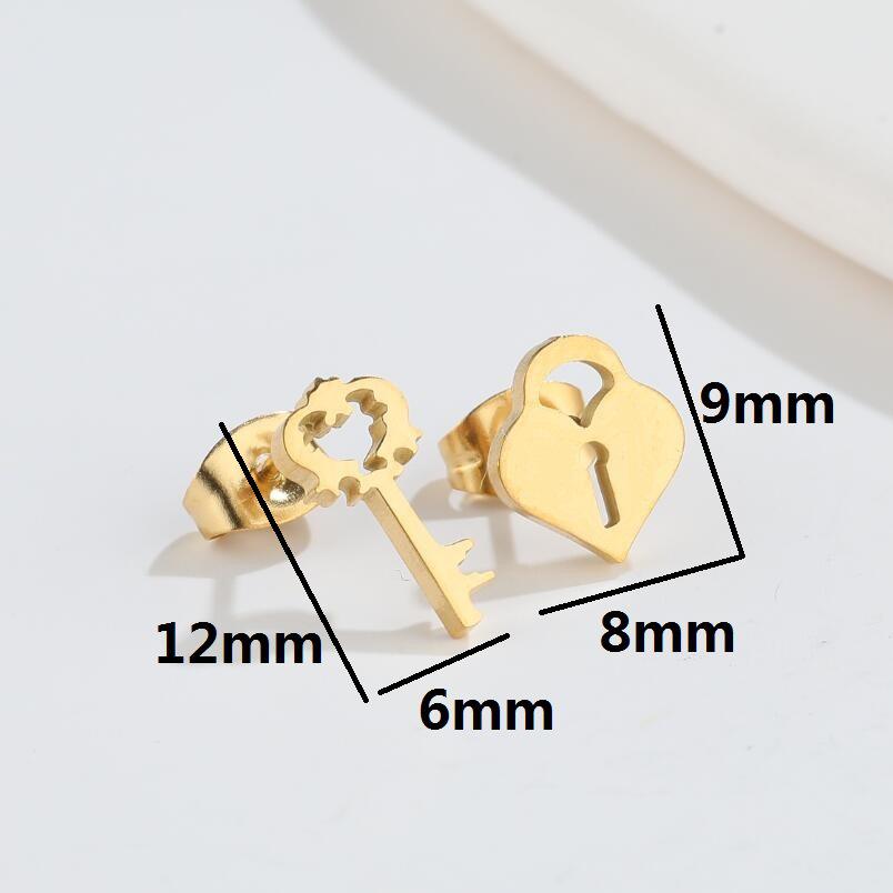 2024 Fashion Stainless Steel Geometric Heart Key Lock Earrings for Couples