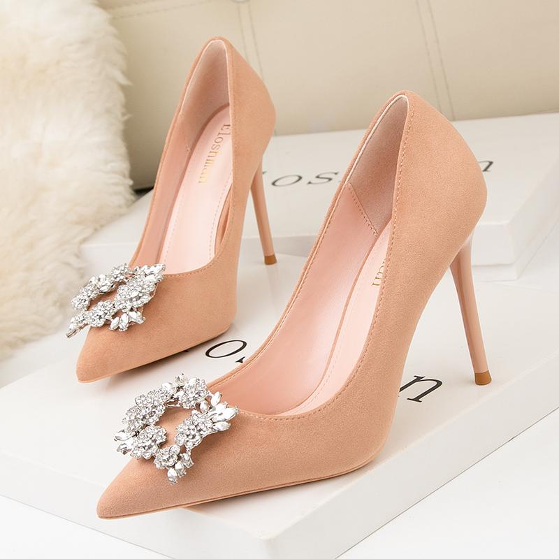Spring Elegant Women Black Nude High Heels Pumps Designer Flock Leather Stiletto Heels Female Party Wedding Shoes