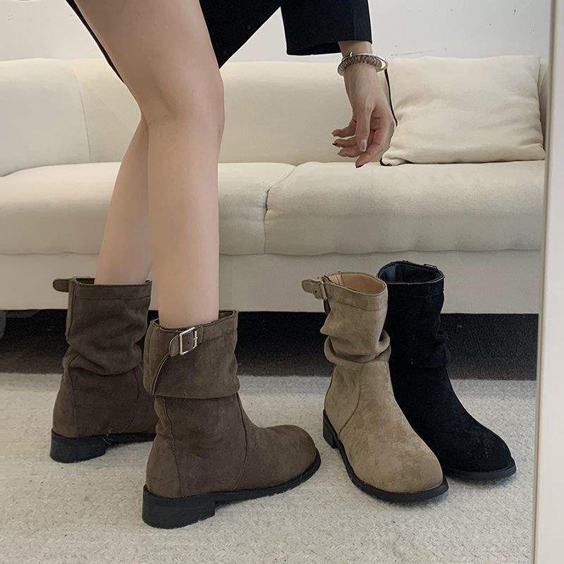 Pile boots retro medium tube suede locomotive Martin boots women's 2025 new fried street western cowboy Maillard short boots