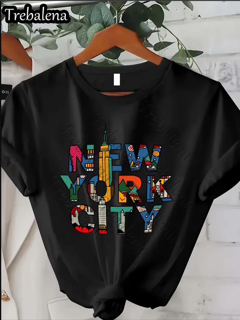 Ladies casual pure cotton Tshirt New York City letter print round neck short sleeved all season universal