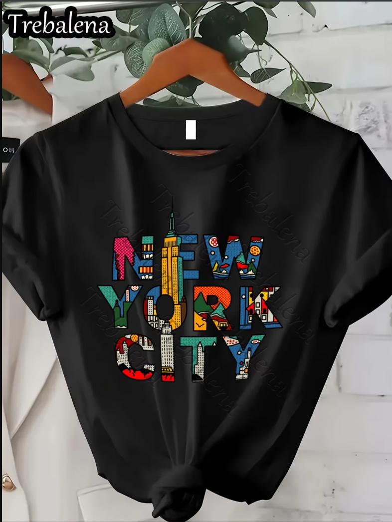 

Ladies casual pure cotton Tshirt New York City letter print round neck short sleeved all season universal 3XL