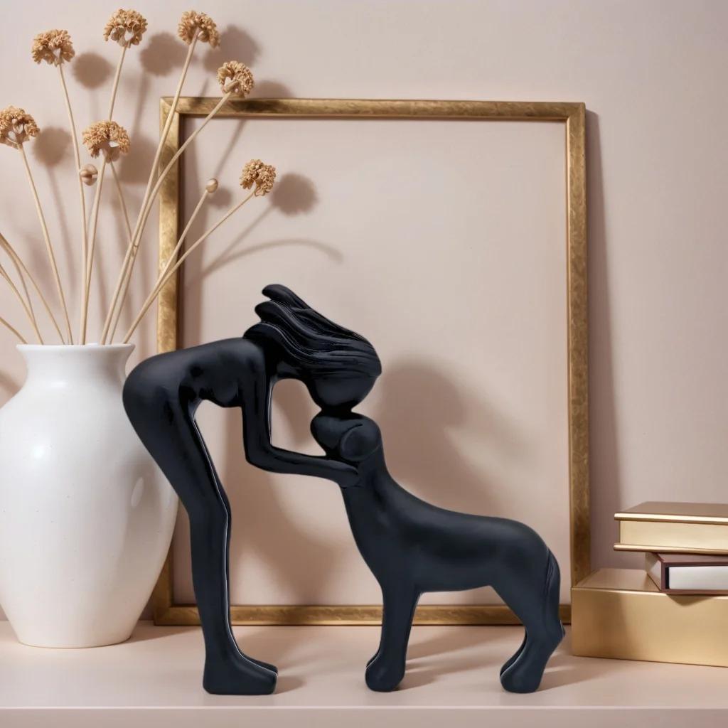 Abstract Black Resin Sculpture: Woman & Dog Hugging Figurine - Modern Pet Lover Gift Home Office Decor