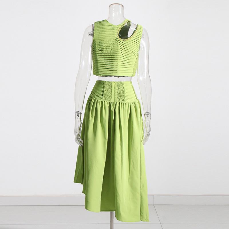 2025 Spring Socialite Suit: Pleated Hollow Top & Irregular Skirt