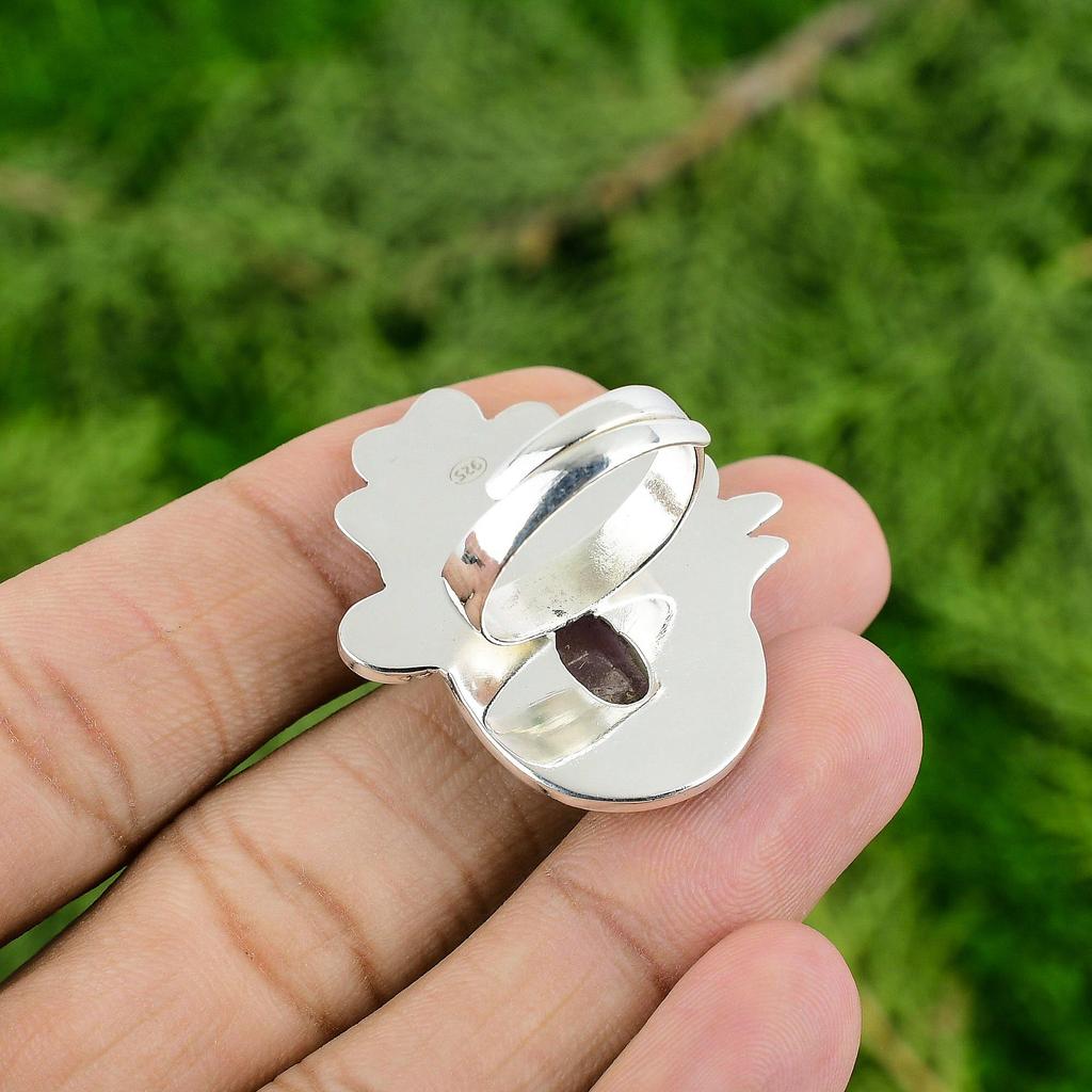 Natural African Amethyst Gemstone Multi Stone Flower Adjustable Ring 925 Silver