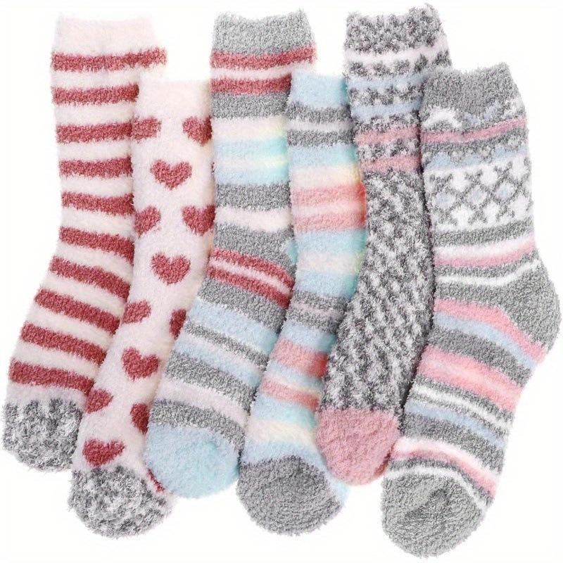 Women's Medium Tube Coral Fleece Socks with Stripes, No Hair Loss, Warm Confinement Floor Socks, Fixed Color Matching Grid