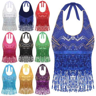 Women‘s Belly Dance Performance Bra Top: Halter Neck with Lace-up, Shiny Sequins & Tassels for Professional Stage & Training
