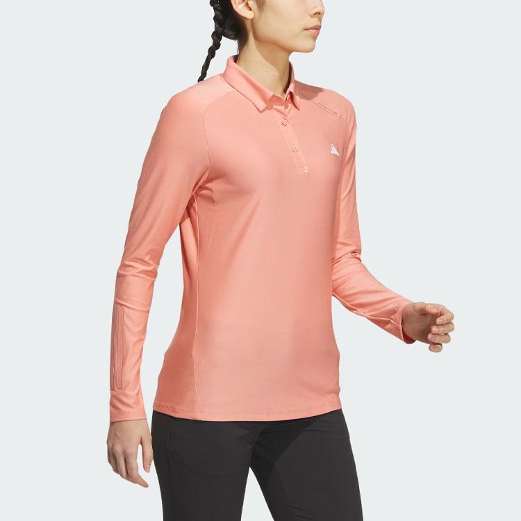 Adidas Stretch Long Sleeve Polo Shirt Solid Logo Golf Long Sleeve Polo Women tops Earth-Brown HZ6108