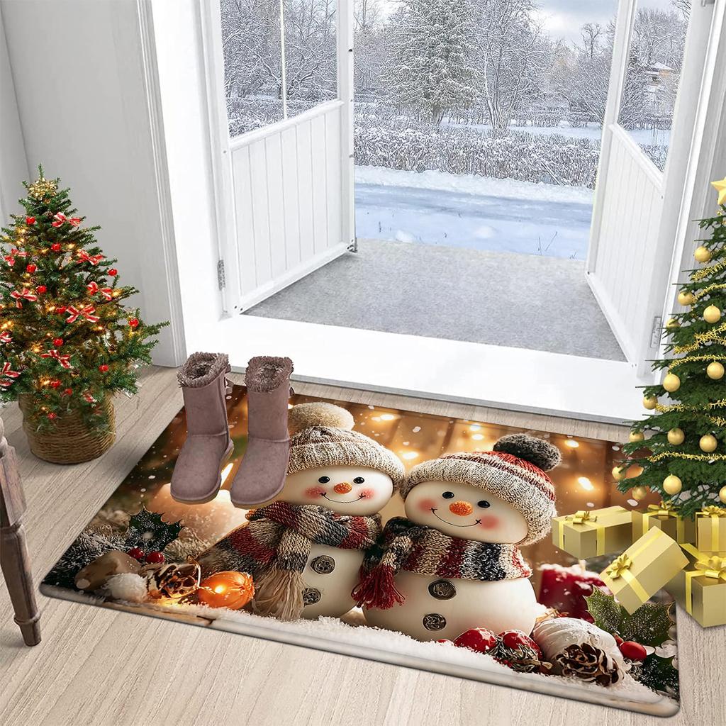 Snowman Print Non-Slip Mat Carpet, Red White Snowman Holly Berry Border Plush Mat for Indoor Outdoor Entryway Decor